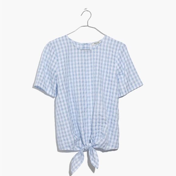 Madewell Button-Back Tie Front Short Sleeve Blue & White Gingham Check Blouse S - Picture 1 of 13